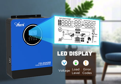 شاشة عرض LED: مراقبة في الوقت الفعلي لحالة النظام والجهد ومستوى الحمل ورموز الخطأ.